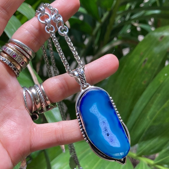 925 sterling silver overlay charm blue geode agate slice gemstone boho necklace - Picture 6 of 15